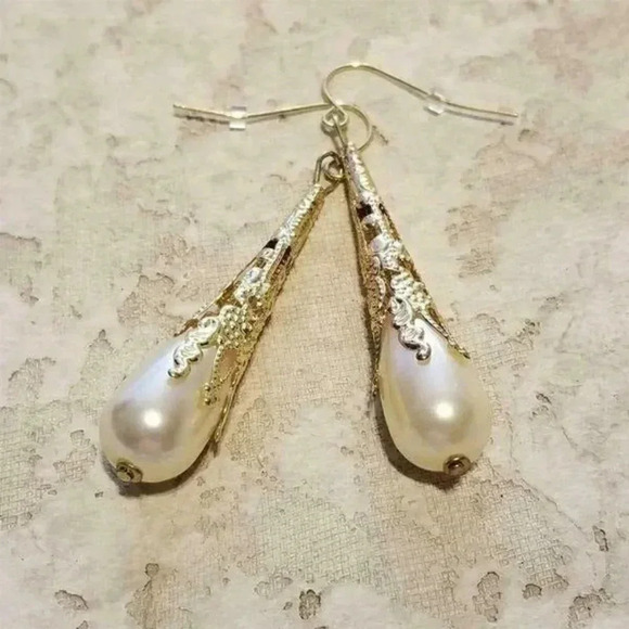Handcrafted Lacy Gold Filigree Faux Pearl Long Teardrop Earrings - Picture 1 of 4